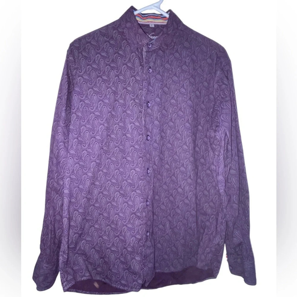 Luchiano Visconti Uomo Flip Cuff Button Shirt Size Medium Purple Paisley Preppy